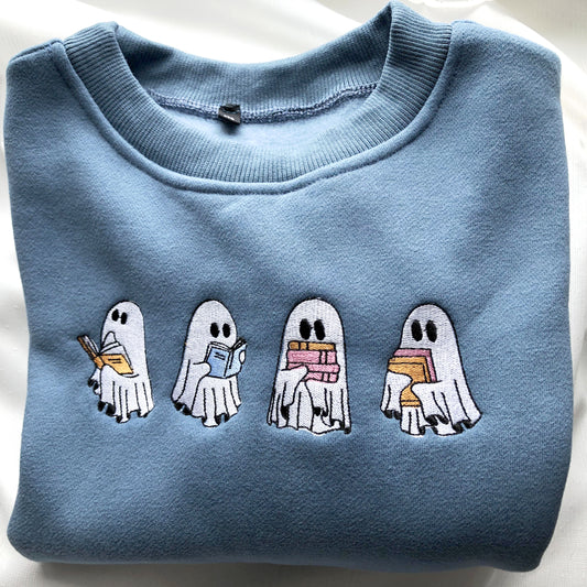 Boooooks, Cute Ghost Reading Books Embroidered Sweatshirt