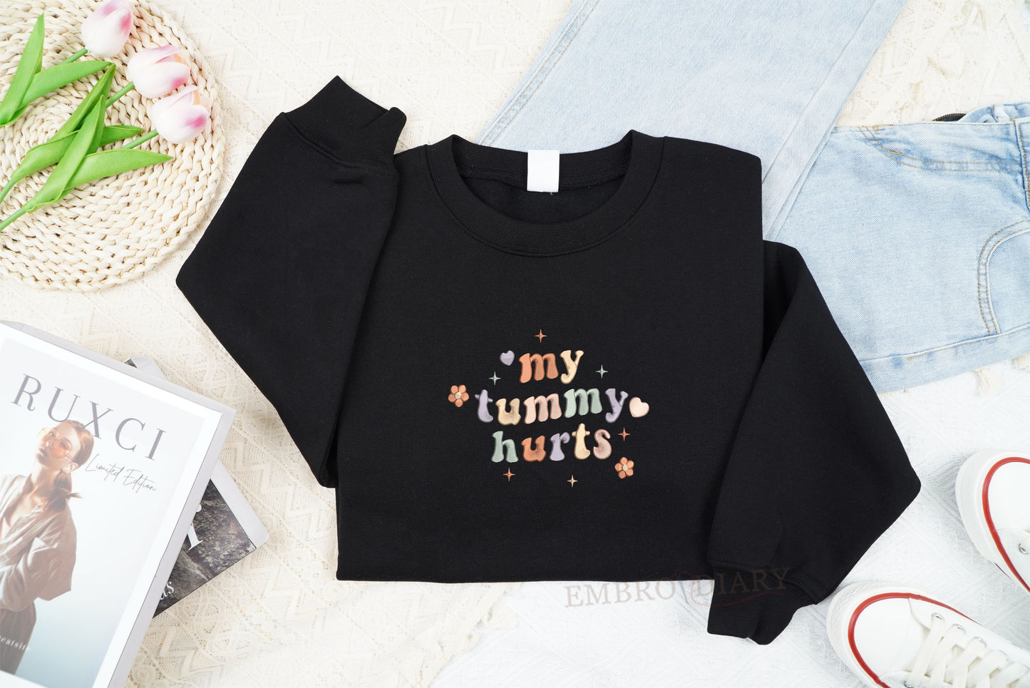 My Tummy Hurts Embroidered Sweatshirt, Tummy Ache Survivor Crewneck, Chronic Illness, Embroidered Crewneck Gift For Her, Anniversary Gifts