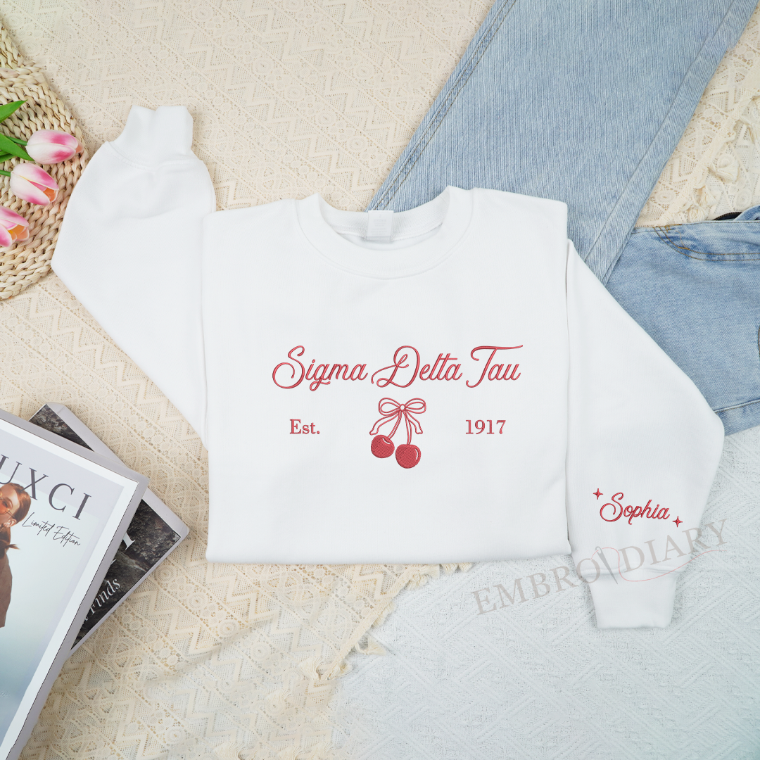 Embroidered Custom Cherry Sorority Sweatshirt, Sigma Delta Tau Bow Shirt, Big Little Gift, Greek Life Sweatshirt, Custom Sorority Crewneck