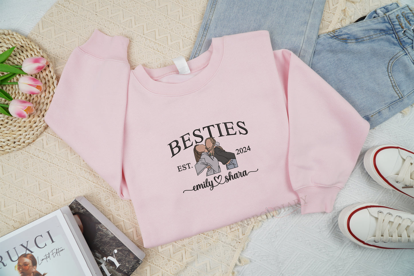 Embroidered Custom Best Friend Sweatshirts, Custom Sweatshirts with Picture, Personalized Portrait Sweatshirt, Matching Bestie Shirt