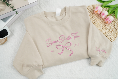 Embroidered Sorority Crewneck, Custom Sorority Crewneck, Sigma Delta Tau Bow Sweatshirt, Embroidered Greek Life, Sig Delt, SDT Hoodie