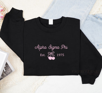 Custom Sorority Embroidered Sweatshirt, Trendy Cherry Crewneck, Alpha Gamma Epsilon Est Custom Sweater,Rush Initiation Gift,Sorority Apparel