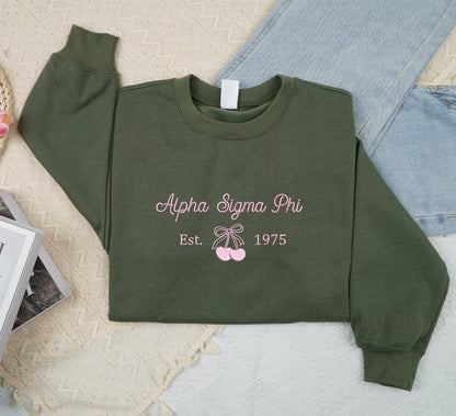 Custom Sorority Embroidered Sweatshirt, Trendy Cherry Crewneck, Alpha Gamma Epsilon Est Custom Sweater,Rush Initiation Gift,Sorority Apparel