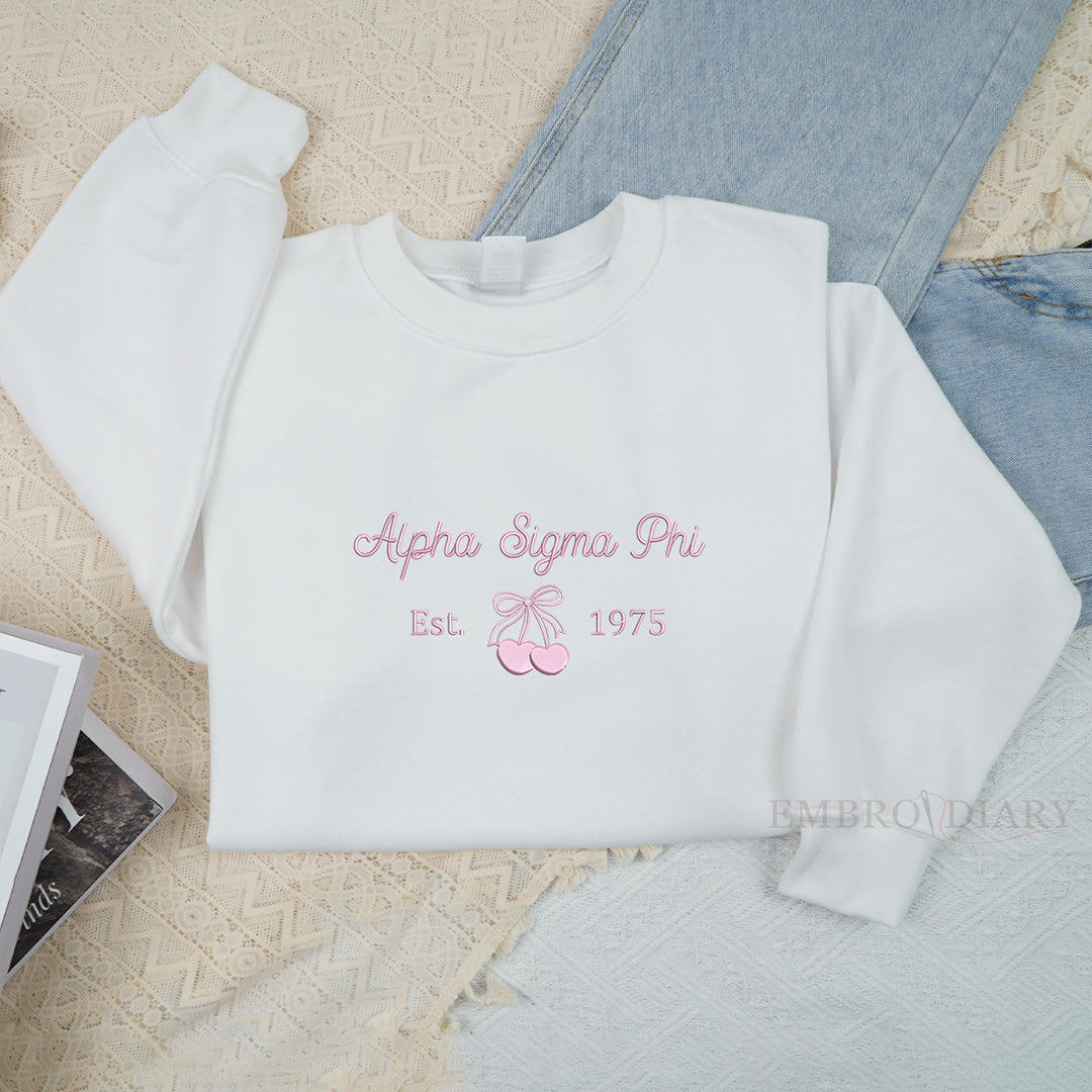 Custom Sorority Embroidered Sweatshirt, Trendy Cherry Crewneck, Alpha Gamma Epsilon Est Custom Sweater,Rush Initiation Gift,Sorority Apparel