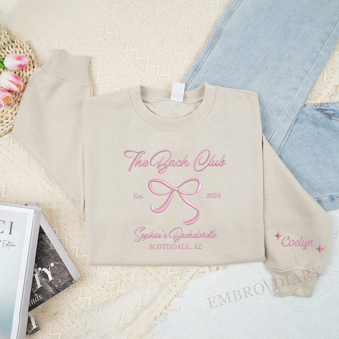 Embroidered Pink Bow Bach Club Sweatshirt, Custom Bachelorette Crewneck, Embroidered Bride Sweatshirt, Bridal Party Shirts, Wedding Shirts