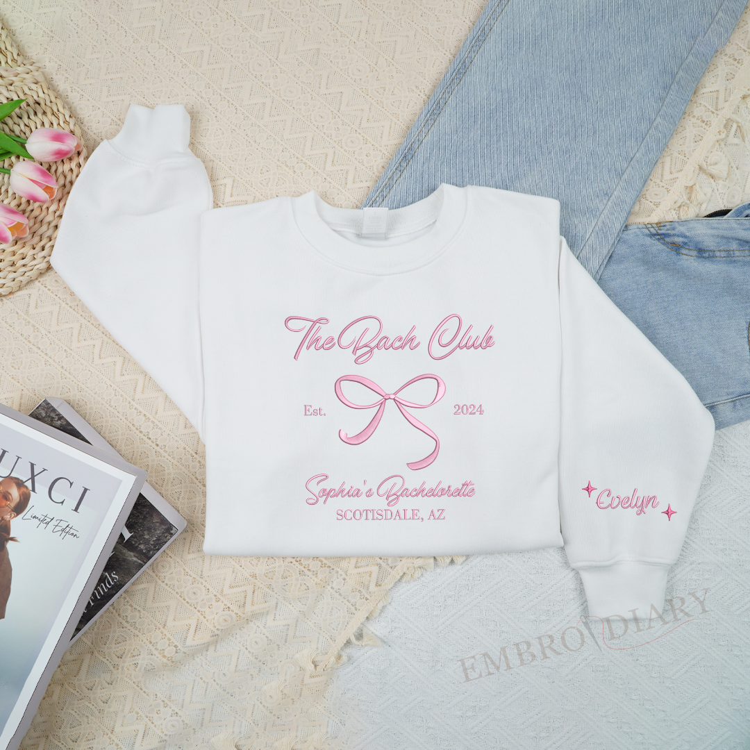 Embroidered Pink Bow Bach Club Sweatshirt, Custom Bachelorette Crewneck, Embroidered Bride Sweatshirt, Bridal Party Shirts, Wedding Shirts