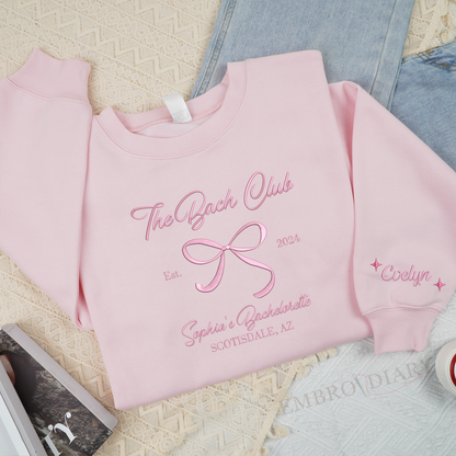 Embroidered Pink Bow Bach Club Sweatshirt, Custom Bachelorette Crewneck, Embroidered Bride Sweatshirt, Bridal Party Shirts, Wedding Shirts