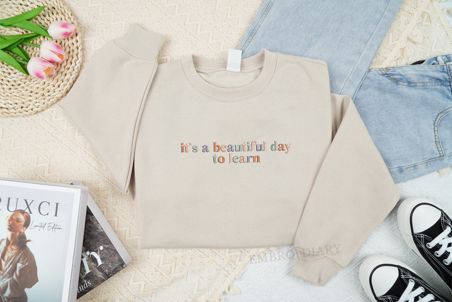 Embroidered It's A Beautiful Day To Learn Sweatshirt, Love School Crewneck, Teacher Hoodie, Back To School, Teacher Life, Gift For Teacher