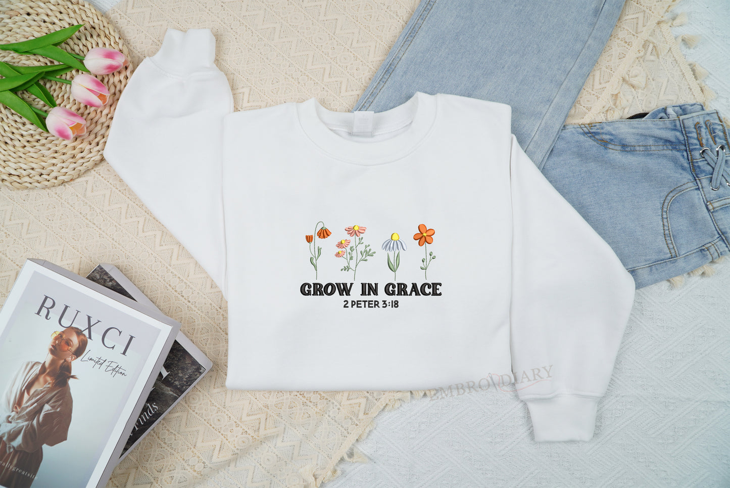 Embroidered Christian Sweatshirt, Grow In Grace Sweatshirt, Wildflowers Sweatshirt, Religious Sweatshirt, Cute Church Outfit, Faith Sweatshirt, Jesus Flower Sweatshirt