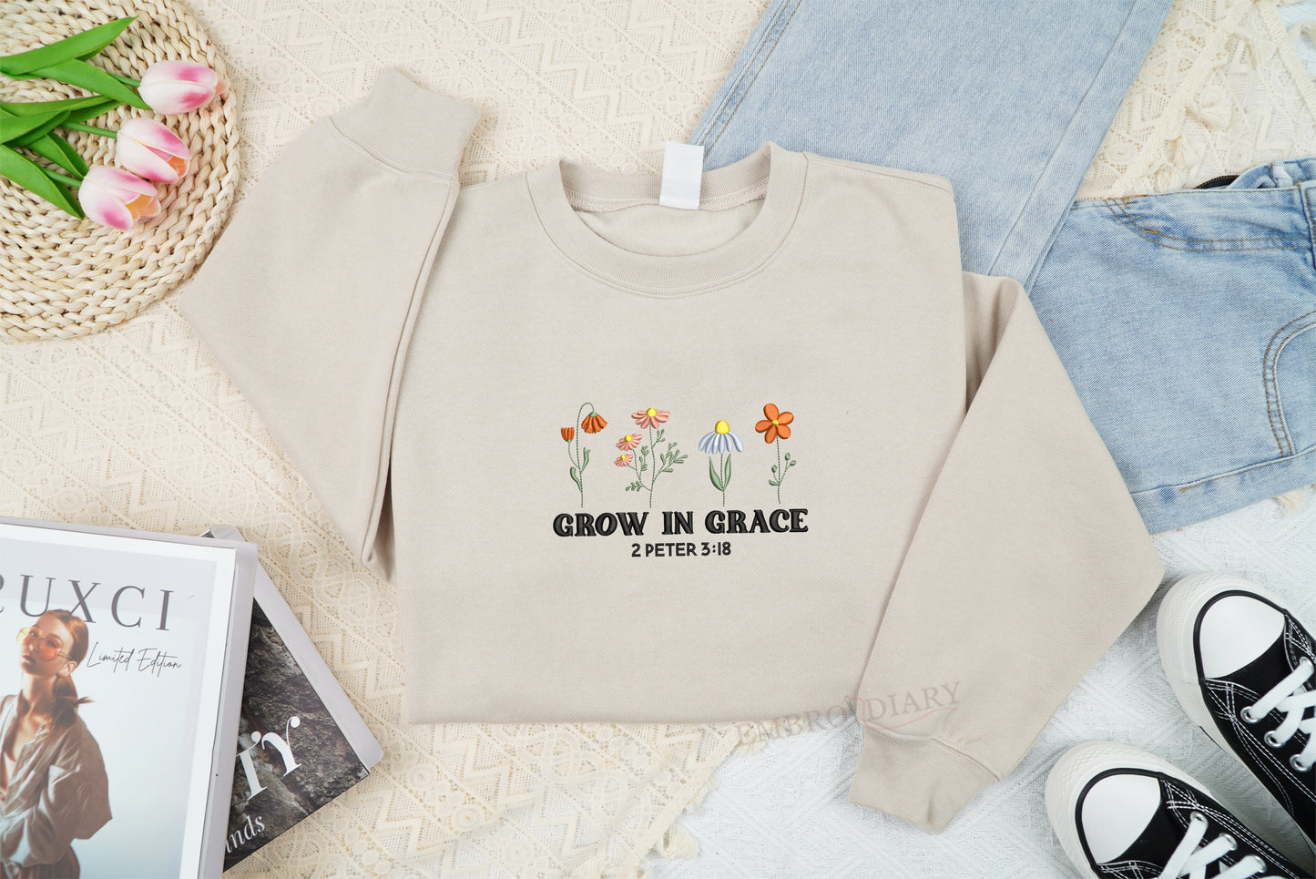 Embroidered Christian Sweatshirt, Grow In Grace Sweatshirt, Wildflowers Sweatshirt, Religious Sweatshirt, Cute Church Outfit, Faith Sweatshirt, Jesus Flower Sweatshirt