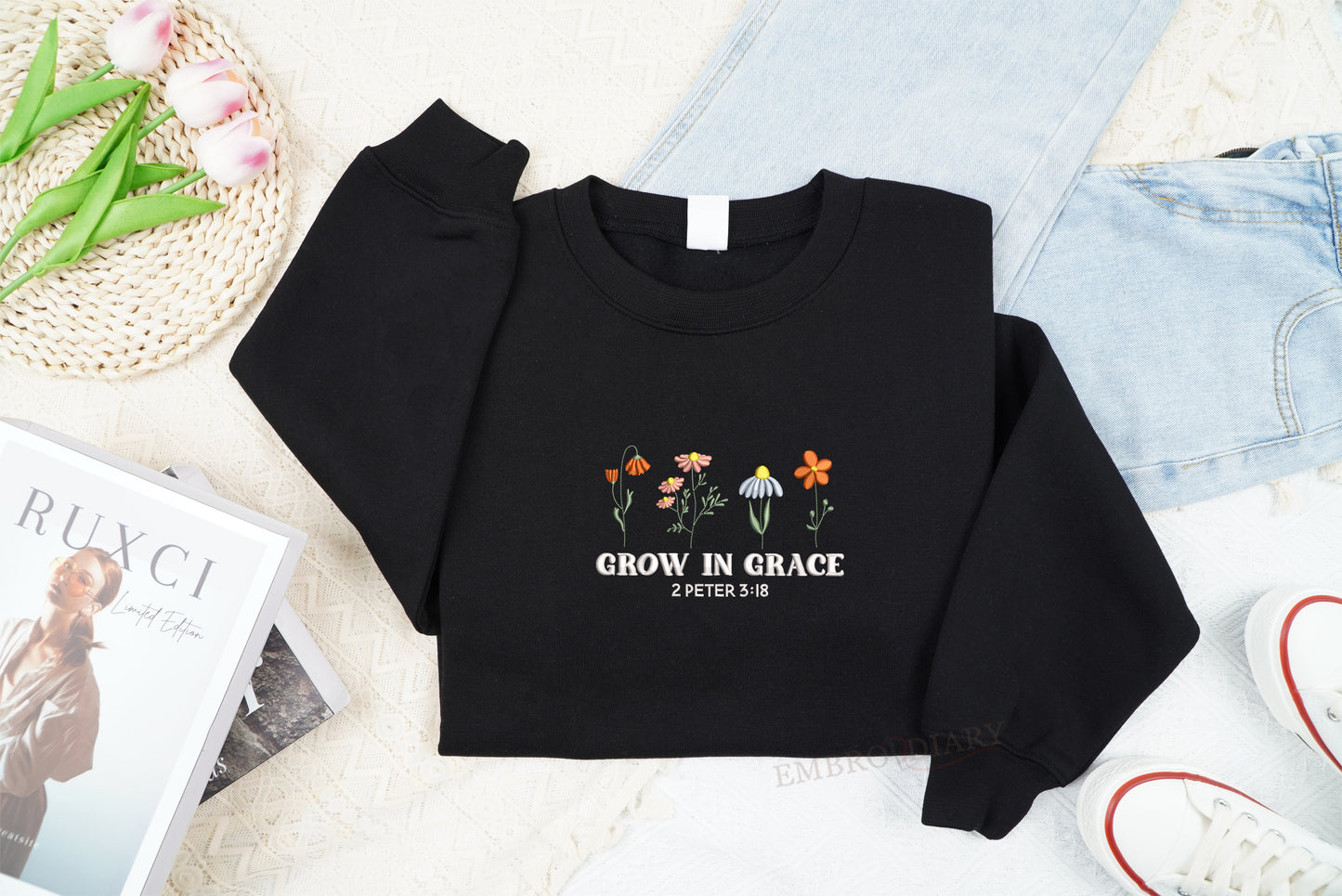 Embroidered Christian Sweatshirt, Grow In Grace Sweatshirt, Wildflowers Sweatshirt, Religious Sweatshirt, Cute Church Outfit, Faith Sweatshirt, Jesus Flower Sweatshirt