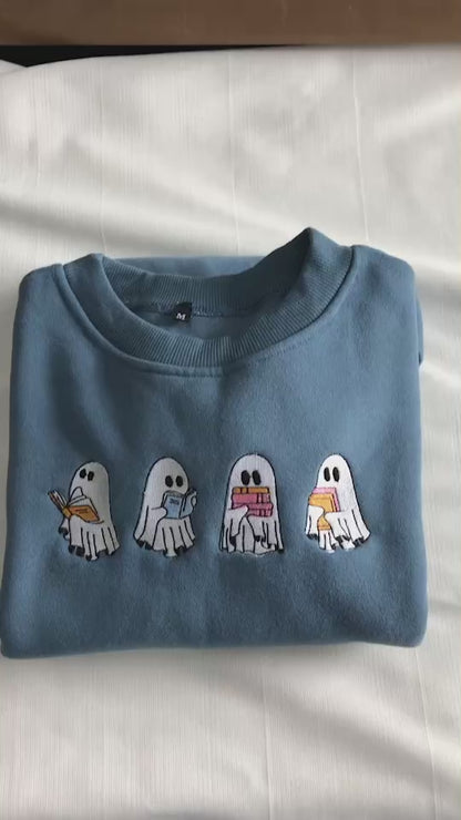 Boooooks, Cute Ghost Reading Books Embroidered Sweatshirt