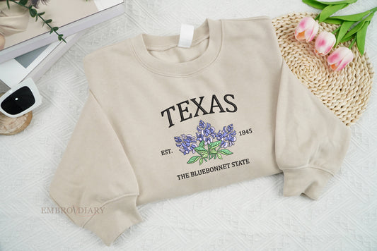 Embroidered Texas Bluebonnet Sweatshirt, Custom US State Flowers Embroidery Sweatshirt, Texas 1845 Shirt